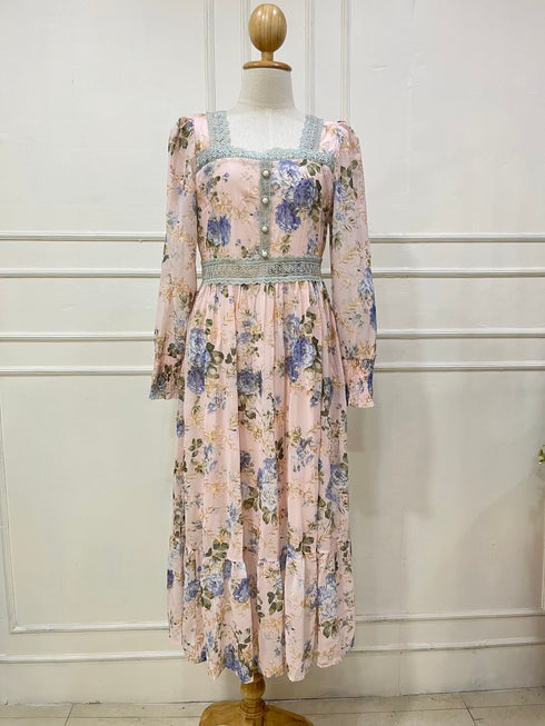 Floral Print Lacey Border Elegant Square Neck Long Sleeves Sundress